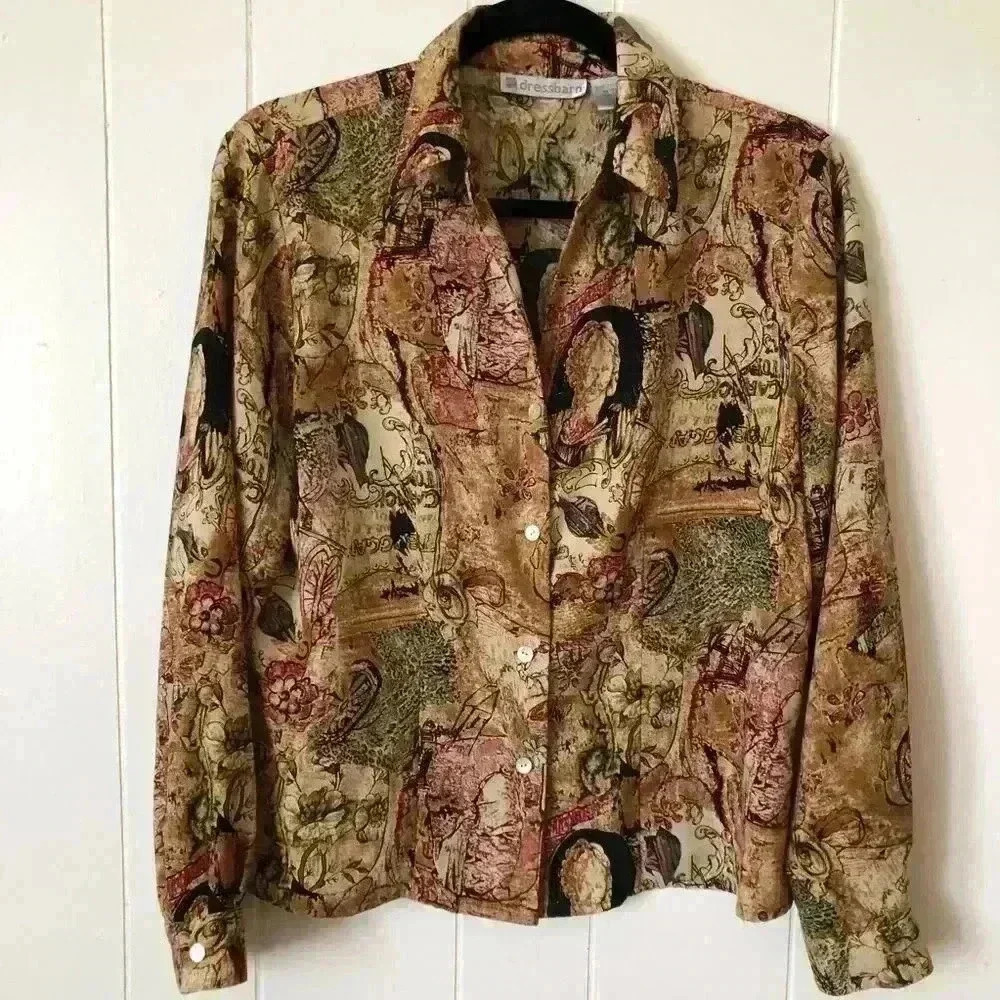 Dressbarn Button Down Printed Polyester Top Blouse Size M